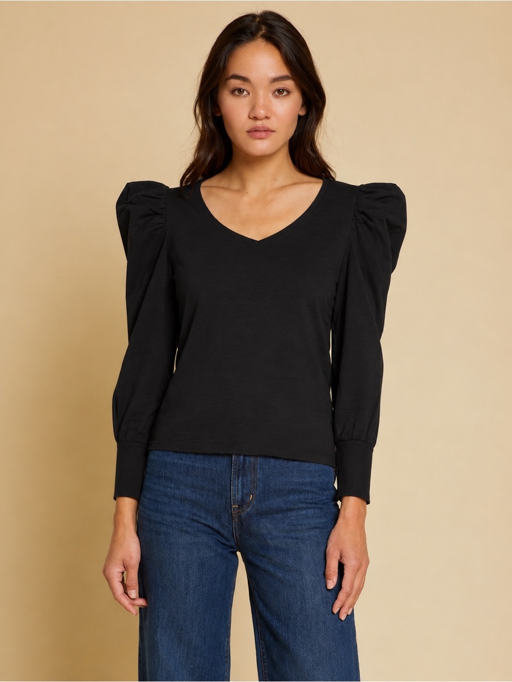 Nation LTD Jenna Top Jet Black Puff Sleeve Cotton Slub Tee Small $157